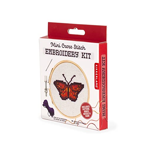 Kikkerland DIY Mini Cross Stitch Butterfly Embroidery Craft Starter Kit Set, with Pattern Instructions, 3" Bamboo Hoop, Stress Relief, Adult Beginner Friendly - color: Bamboo, Polyester floss, 90% cotton 10% polyerster fabric