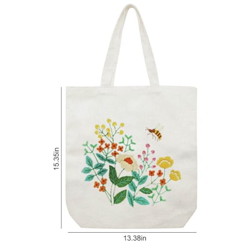 YANGSHINE Canvas Tote Bag Embroidery Kit with Pattern, Cross Stitch Kits for Beginners, Adults Arts Crafts Needlepoint Kit Include Embroidery Bag, Hoop and Instruction (Beige Bag, Flower and Bee) - color: Beige Bag, Flower and Bee