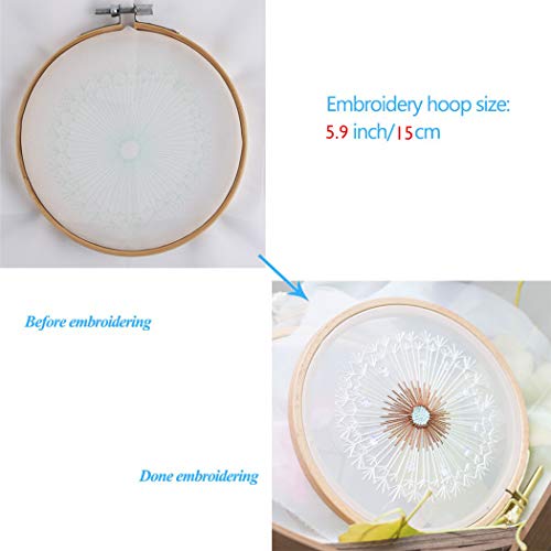 BENBO Embroidery Kits for Beginners with Pattern, Dandelion Hand Embroidery Cross Stitch Needlepoint Crafts with Color Pattern Cloth, 15cm Bamboo Embroidery Hoop, Color Threads and Tools Kit