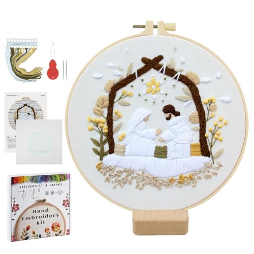 Christian Nativity Embroidery Kit for Beginners Adults Easy Embroidery Starter Kit Nativity Patterns Cross Stitch Kits Full Embroiderys Hoop Kits Needlepoint Kits with Instruction Needles and Thread - color: Christian Nativity