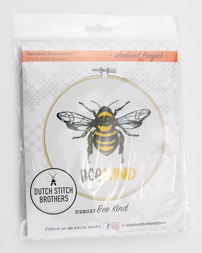 DUTCH STITCH BROTHERS Bee Kind Embroidery Starter Kit with Pattern and Instructions. Stamped Embroidery Kits with Embroidery Clothes with Pattern. 6" Embroidery Hoop - color: DSB037 Stamped fabric