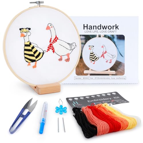 Embroidery Kit for Adult Beginners, Bee Goose Embroidery Kit with Step-by-Step Instructions and Video,Printed Cloth,7.87" Hoop, Display Stand,Color Threads,Threader & Needles for Craft Lover(BED003) - color: Yellow and black bee goose + white goose