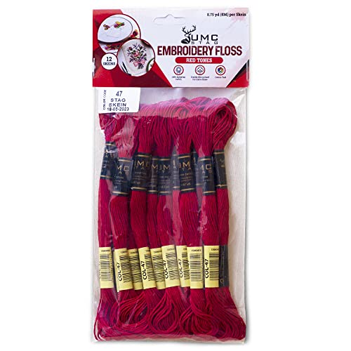 Pack of 12 Premium Embroidery Thread | 100% Egyptian Cotton Premium Skeins | Cross Stitch Embroidery Floss | Oeko TEX Certified Stranded Cotton | Ideal for Arts & Crafts (Red 47) - color: Red 47
