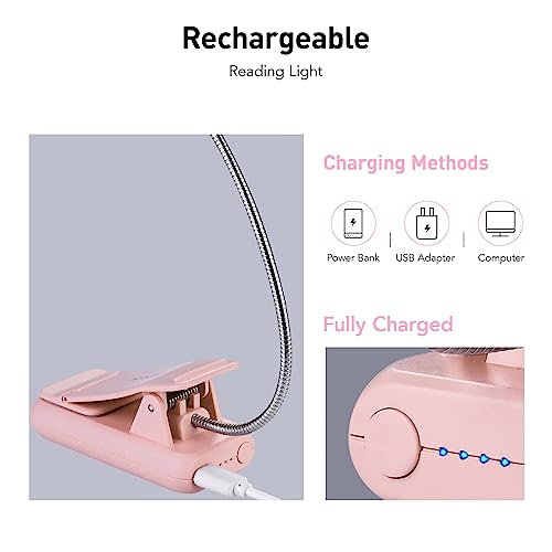 VAVOFO Rechargeable Book Light, Blue Light Blocking, Amber 1600K Clip On Reading Light, Eye Care 7 LEDs Kids Book Light for Reading in Bed with Power Indicator for Bookworms (Pink) - size: 1-Pack Pink