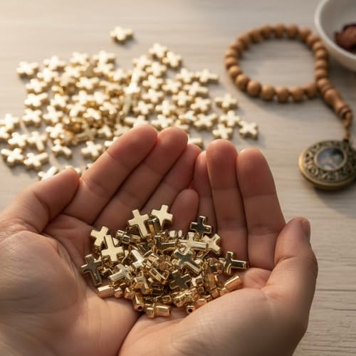 200PCS Cross Beads for Bracelets Cross Charms for Jewelry Making Gold Beads Charms Christian Crafts Small Crosses for Crafts Crosses for Jewelry Making(Alloy Gold) - color: Alloy-Gold