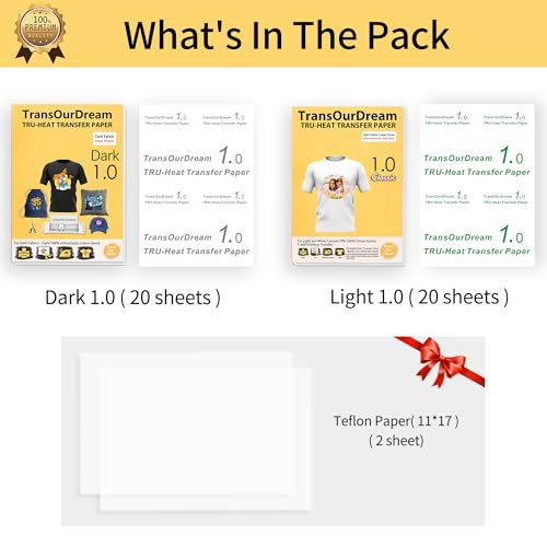 TransOurDream Tru-Heat Transfer Paper for Dark and Light Fabric (20+20 Sheets, 8.5x11", Mix Pack) Printable HTV Heat Transfers Vinyl for Inkjet Printers Iron on Transfers for T Shirts - color: Mix-D1L1, size: 40 Sheets