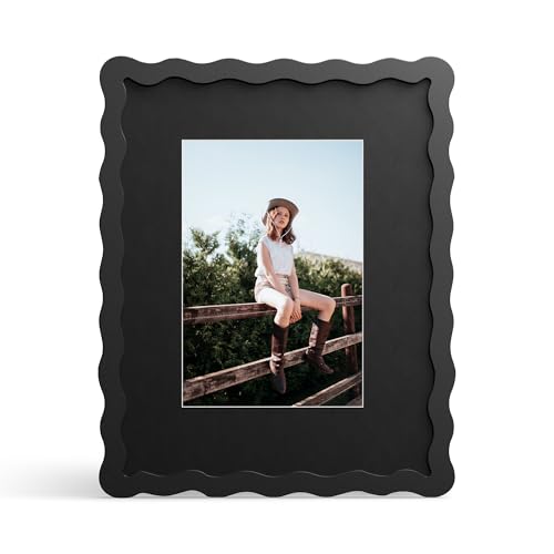 8x10 Picture Frame with Mat for 5x7, Wavy Edge Wooden Real Glass Photo Frame for Tabletop and Wall Hanging, Black, 1 Pack - color: Black, size: 8x10 in
