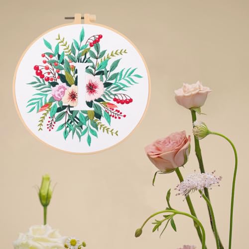 IUHUI Embroidery Kit for Beginners Adults - 26 Floral Letters Easy Patterns, DIY Hand Stitching Embroidery Set with Hoop (Flower and Grass Letter I) - color: Flower and Grass Letter I