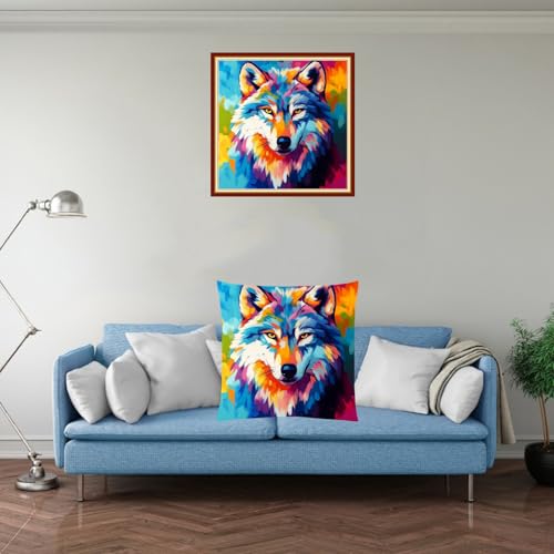 Fanxvivy Stamped Cross Stitch Kits for Adults Beginners Pillow Needlepoint Kit with Embroidery Pattern Needlework Kit Prestamped Stitches Kit 11CT Cross Stitching-Colorful Wolf 18x18 inch - color: Pre-pattern 34