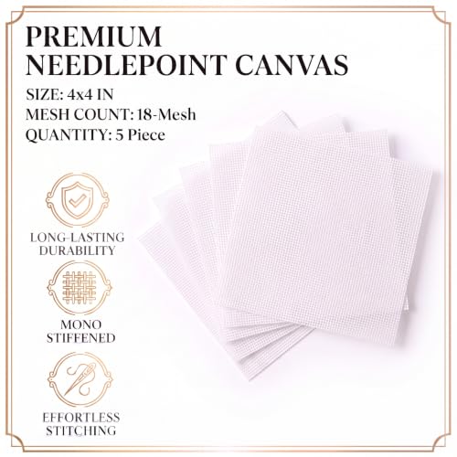 Blank Needlepoint Canvas — 18 Mesh 4" x 4" True Mono 100% Cotton Canvas, Unbound for Custom Finishing — White Cross Stitch & Embroidery Fabric, 5 Pack (18mesh)