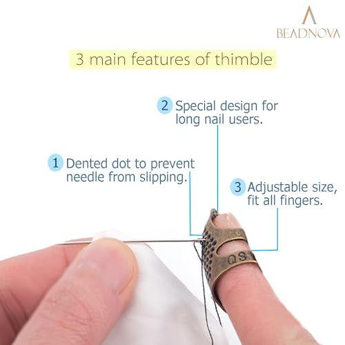 BEADNOVA Sewing Thimbles for Hand Embroidery Knitting Thimble Adjustable Metal Sewing Finger Protector for Hand Sewing Quilting Craft Accessories DIY Sewing Tools (Size M, 2 Pcs)