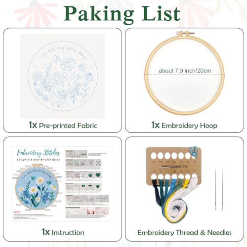Louise Maelys Daisy Quote Embroidery Kit for Beginners, Blue Floral Craft - color: Daisy Quote