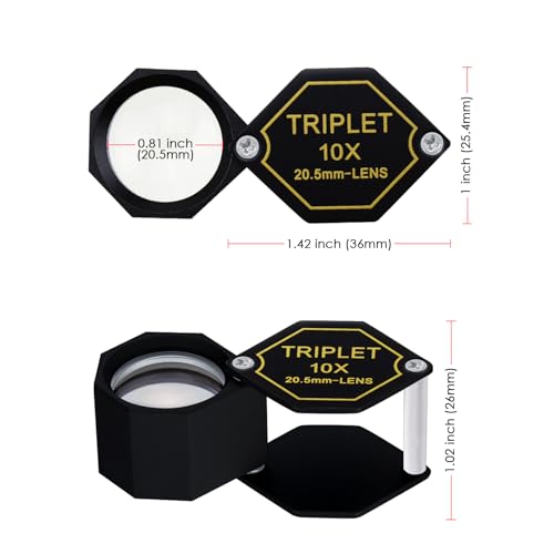 10x Magnifier Jewelry Loupe 20.5mm Triplet Lens Optical Glass Pocket Gem Magnifying Tool for Jeweler, Stamp Philatelist, Coin Numismatic, Achromatic Black Hexagonal Design Kit Set
