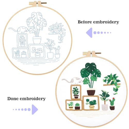 spicssa 2 PCS Embroidery Kit for Beginners, Hand Needlepoint Kits for Adults with Pre-Stamped Patterns, 7.8-Inch Hoop, Threads & Needles, Step by Step Instructions - color: green plants A