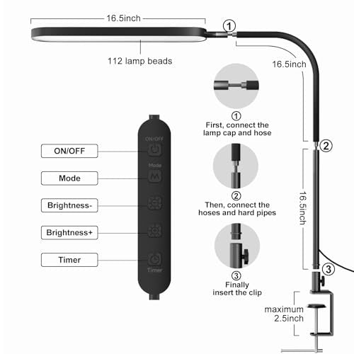 SKYLEO Led Desk Lamp - Desk Light for 33.5" Tall - Flexible Gooseneck - 5 Color Modes X 11 Brightness Levels - 1300LM - Timmer & Memory Function - 12W Clip on Light - Black - style: Black gooseneck