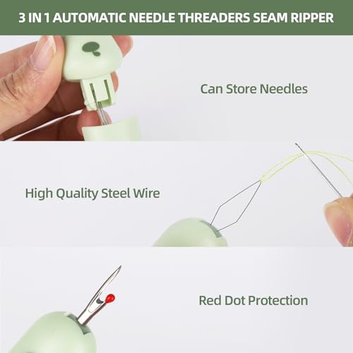 3Pcs 3 in 1 Needle Threader Seam Ripper, Automatic Needle Threaders with 3 Needles Storage for Hand Stitching, Seam Rippers for Sewing Stitch Remover Tool