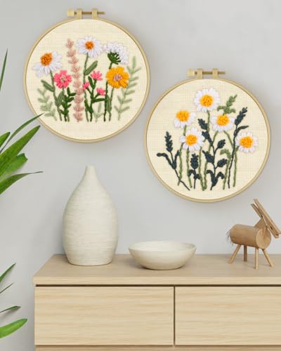 ERKOON Punch Needle Kit Adults Beginners, 2 Pcs DIY Easy Flower Embroidery Set for Starter Art Craft, Needling Punching Project with Patterns, Tools, Yarns, Hoop, Instruction (Daisies) - color: Daisies