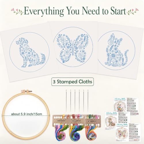Nuberlic 3 Pack Embroidery Kit for Beginners with Animal Floral Patterm - color: animal floral