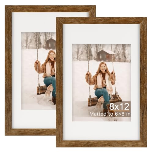TOFOREVO 8x12 Picture Frames with 6x8 Mat Set of 2, Rustic Brown - color: Rustic Wood, size: 8x12