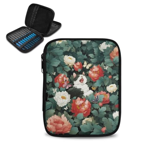Kathyboom Cat Flower Large Capacity Crochet Hook Case, Organizer Zipper Bag with Web Pockets for Various Crochet Needles and Knitting Accessories,Easy to Carry - color: Cat Flower