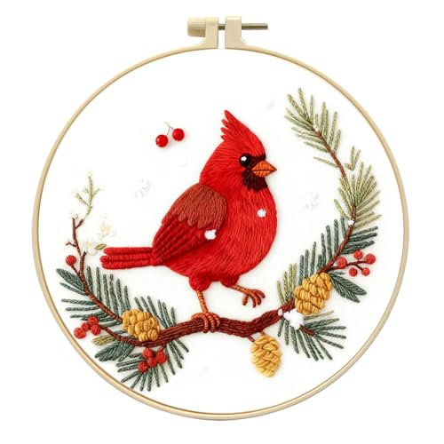 Zhenqing Cardinal Embroidery Kit for Beginners, Winter Red Bird Needlework Craft with Pre-Printed Cotton Fabric, Hoop, Threads & Tools, Holiday Decor (C0213) - color: Winter Cardinal