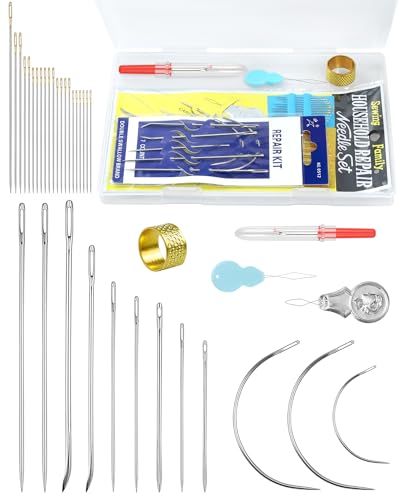 FIVEIZERO Heavy Duty Hand Sewing Needles Set - Large Eye Leather Sewing Needles for Hand Stitching,Upholstery, Carpet,and Canvas Repair, Including Curved Sewing Needles and Needle Threaders
