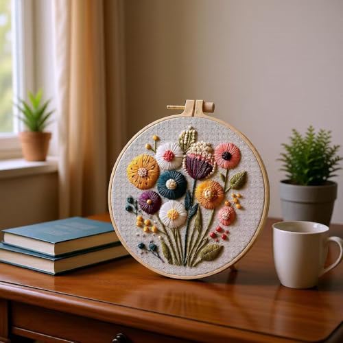 JJFox Embroidery Kit for Beginners and Adults, DIY Hand Embroidery Starter Kit with Cute Pattern, Cross Stitch Needlepoint Set with Hoop, Threads and Instructions (Flower) - color: Flower