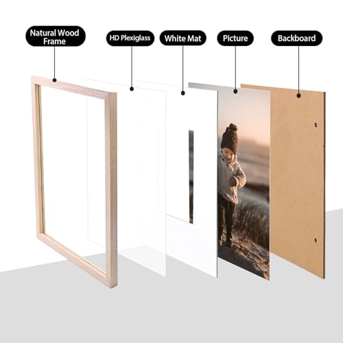 KINLINK 8x12 Picture Frame, Natural Solid Wood Frame with Acrylic Plexiglass for Pictures 6x8 with Mat or 8x12 without Mat, Tabletop and Wall Mounting Display Photo Frame 1 Pack - color: Natural, size: 8x12