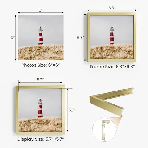 6x6 Aluminum Metal Picture Frame,Tempered Glass Gold Photo Frame 6x6 for Family Photo,Posters,Art,Document to Wall Mount Horizontally or Vertically - size: 6x6