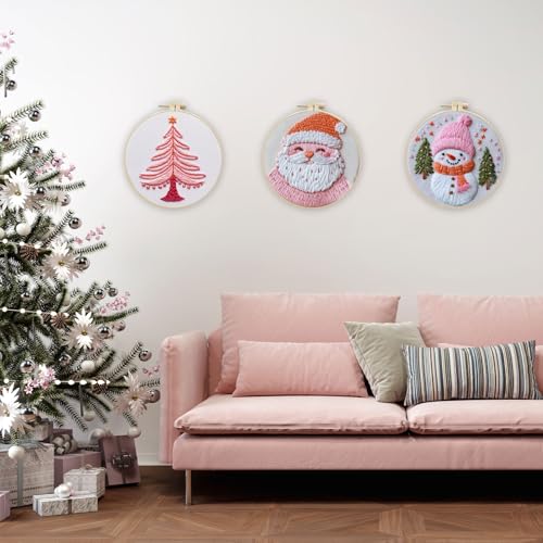 LB Pink Christmas Embroidery Kit for Beginners Adults, 3 Sets Hand Embroidery Starter Kit with Santa Pattern and Instructions Stamped Cross Stitch Kits Include Embroidery Hoop Needles Threads Scissors - color: Green White