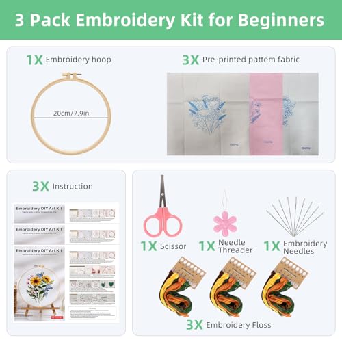 Herdiese Embroidery Kit for Beginners & Adults, 3PCS Floral Patterns. - color: Flower-A (3 Pack)