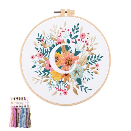 artcici Embroidery Kits Plant Flower Leaf English Letter Patterns for Beginners Adults, Full Range Embroidery Starter Kits Cross Stitch Needlework Supplies (Letter C) - color: Letter C