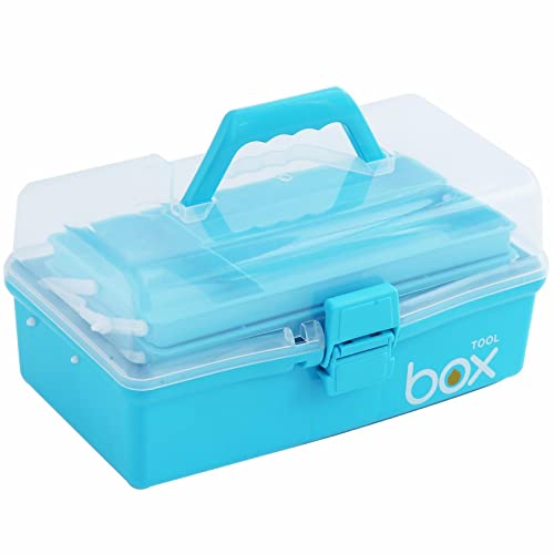 Kinsorcai 12'' Three-Layer Clear Art Box Organizer, Multipurpose Plastic Craft Box with Handle (Blue) - color: blue, size: 1PCS