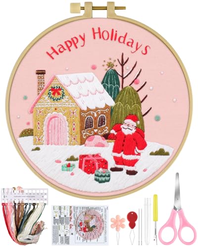 ERKOON Christmas Embroidery Kit for Beginners, Cross Stitch Set for Include Embroidery Cloth Hoops Threads for Craft Lover Hand Stitch with Embroidery Skill Techniques (Santa Claus) - color: Santa Claus