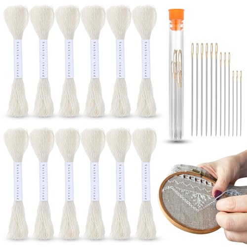 Zeyune 12 Pcs Sashiko Thread Kit with Needles, White, 100% Cotton 20m Each - color: White