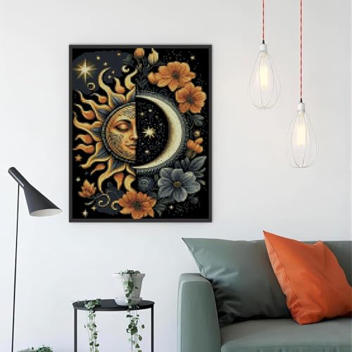 MYBISYMQQ Stamping Cross Stitch Kit Sun and Moon, Round Counting Cross Stitch Kit for Adult Beginners, Full Line DIY Cross Stitch Stitching Kit for Home Decor Cross Stitch Patterns 11.8x15.7inches - color: D024