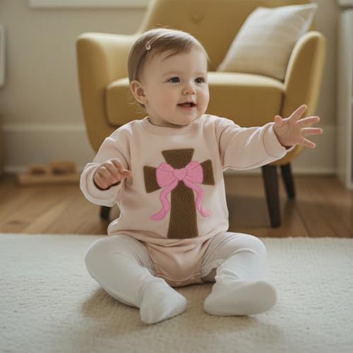 Newborn Baby Girl Clothes Cross Bow Embroidery Bubble Romper Pullover Sweatshirt Fall Winter Outfits 0-18M - color: Apricot, size: 3-6 Months