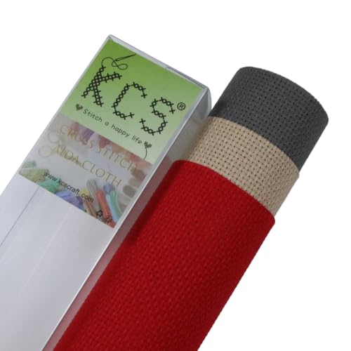 KCS 3 pc of 15" x 18"(38cmx45cm) 16 Count Cross Stitch Cotton Aida Cloth Needlework Rolled Fabric Box,16CT,Red+Khaki+Dark Grey - color: Red+khaki+dark Grey, size: 16CT