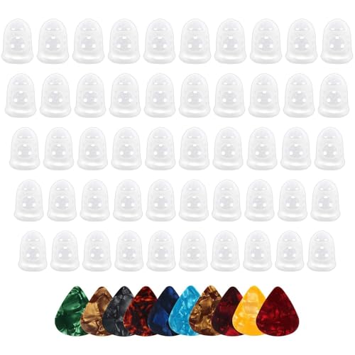 50 Pcs Guitar Silicone Finger Protector,Fingertip Protection Covers Caps in 5 Sizes for Beginner Playing Ukulele Electric Guitar and 10 Guitar Picks - color: White 50 pcs + 10 Guitar Picks