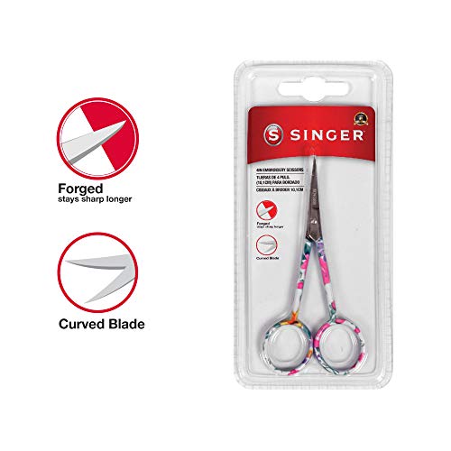SINGER 4 Inch Forged Embroidery Scissors with Curved Tip for Sewing, Cross-Stiching, Crafts, & More (White Floral Printed, 1-Pack)