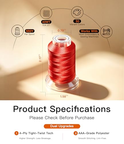 AAA-Grade Polyester Embroidery Thread, 50 Colors, 40WT, 550 Yards Each, [Top Strength & Lint-Free] Silky Smooth Embroidery Machine Thread Kit Compatible with Singer, Brother, Janome, and More