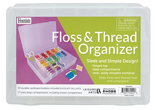 Essentials By Leisure Arts Embroidery Floss Organizer Box with 50 Bobbins, 17 Compartment Clear Storage Case with Living Hinge, Tangle Free Floss Storage, 10.63 x 7.19 x 1.75 Inch