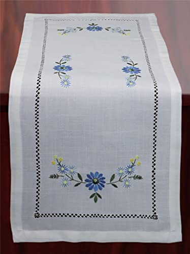 Creative Linens Hemstitch Embroidered Daisy Flower Table Runner 15x34 Dresser Scarf White Blue Rectangular Spring Summer Table Linen