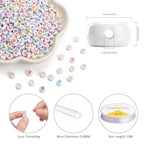 SUTOUG 1500PCS Letter Beads, 4x7mm White Alphabet Beads and Gold Star Beads - color: W+star