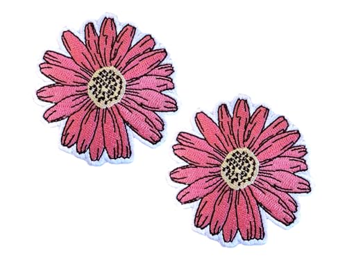 Pink Daisy Patch, 2.5” x 2.5”, 2- Pack, Embroidered Iron-On for Hats, Bags, Jackets - color: Pink Daisy