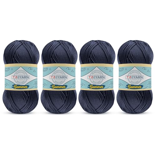 TROYARN Summer (4- Skeins Pack) Silk Effect Hand Knitting Yarn Crochet Art Lace Craft 100% Microfiber Acrylic 4x100 gr (4x383 yds) (105361 - Dark Navy) - color: 105361 - Dark Navy, size: 4 Skein