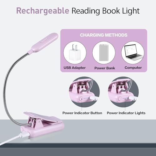 VAVOFO Rechargeable Book Light, Blue Light Blocking, Amber 1600K Clip On Reading Light, Eye Care 7 LEDs Kids Book Light for Reading in Bed with Power Indicator for Bookworms (Pink Purple) - size: 1-Pack Pink Purple
