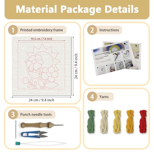 Doodlream Flowers and Sun DIY Punch Needle Embroidery Kit for Adult Beginner, 9.4" Punch Stitching Craft Set for Starter with Frame, Fabric Pattern, Threader, Yarn, Pinch Needle - color: Flowers and Sun