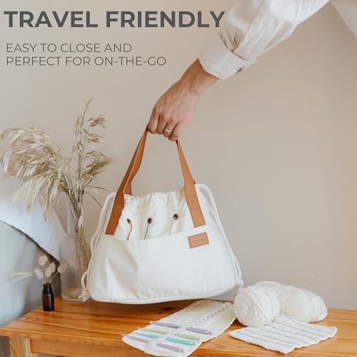 Stylish Crochet Bag Organizer for Yarn - Durable Canvas with 8 Pockets - color: Beige