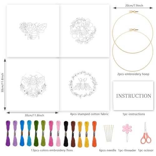 INFUNLY 4 Sets Bees and Flower Embroidery Kits for Beginner DIY Cross Stitch Starter Sets with Instruction Sunflower Honeybees Handmade Needlepoint Kits with Embroidery Cloth Colored Thread Hoop Tools - style: Bees